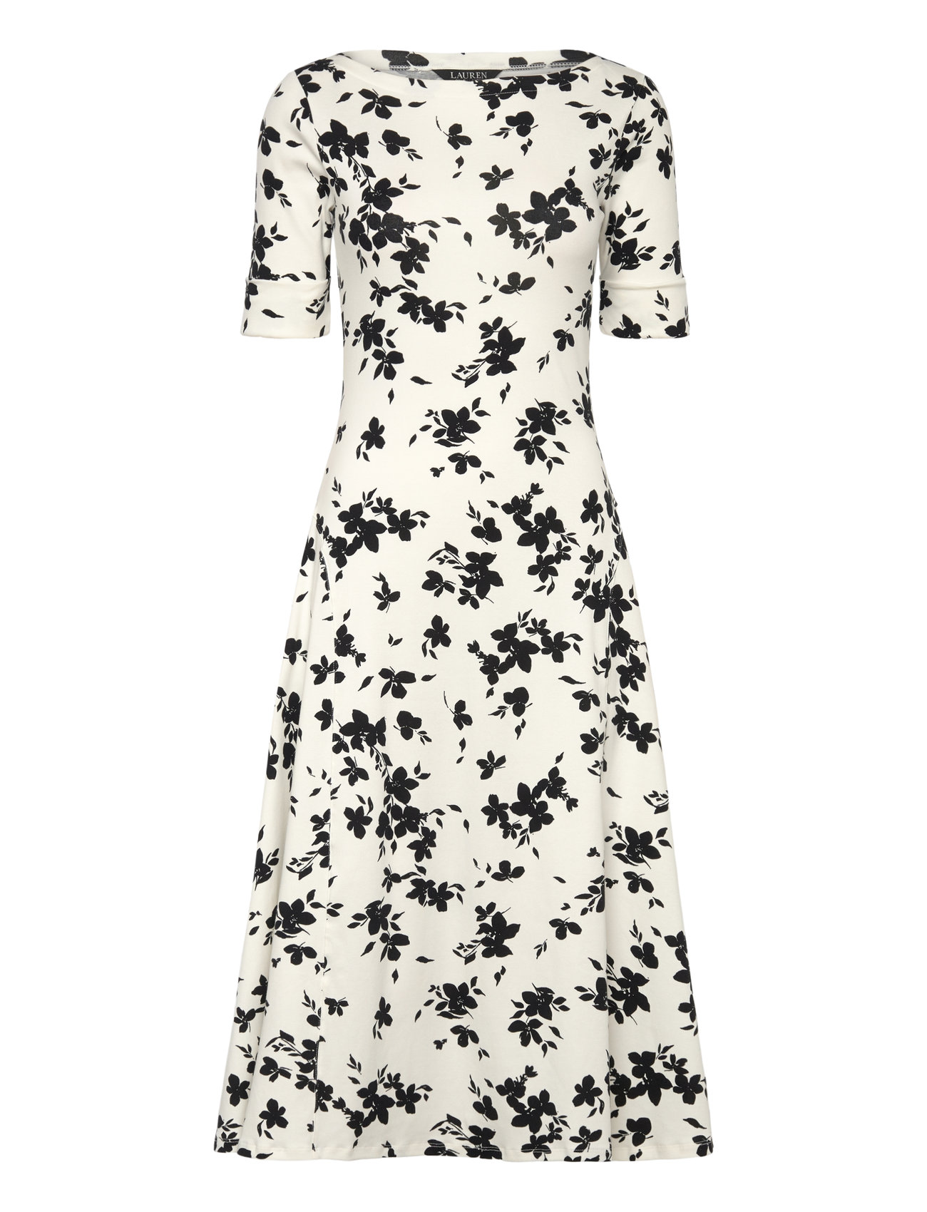 Floral Stretch Cotton Midi Dress Knelang Kjole Cream Lauren Ralph Lauren