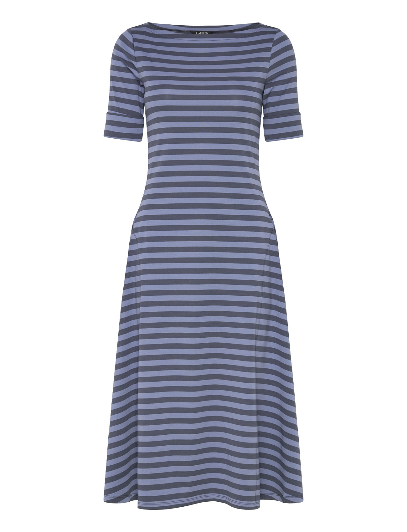 Striped Stretch Cotton Midi Dress Knelang Kjole Blue Lauren Ralph Lauren