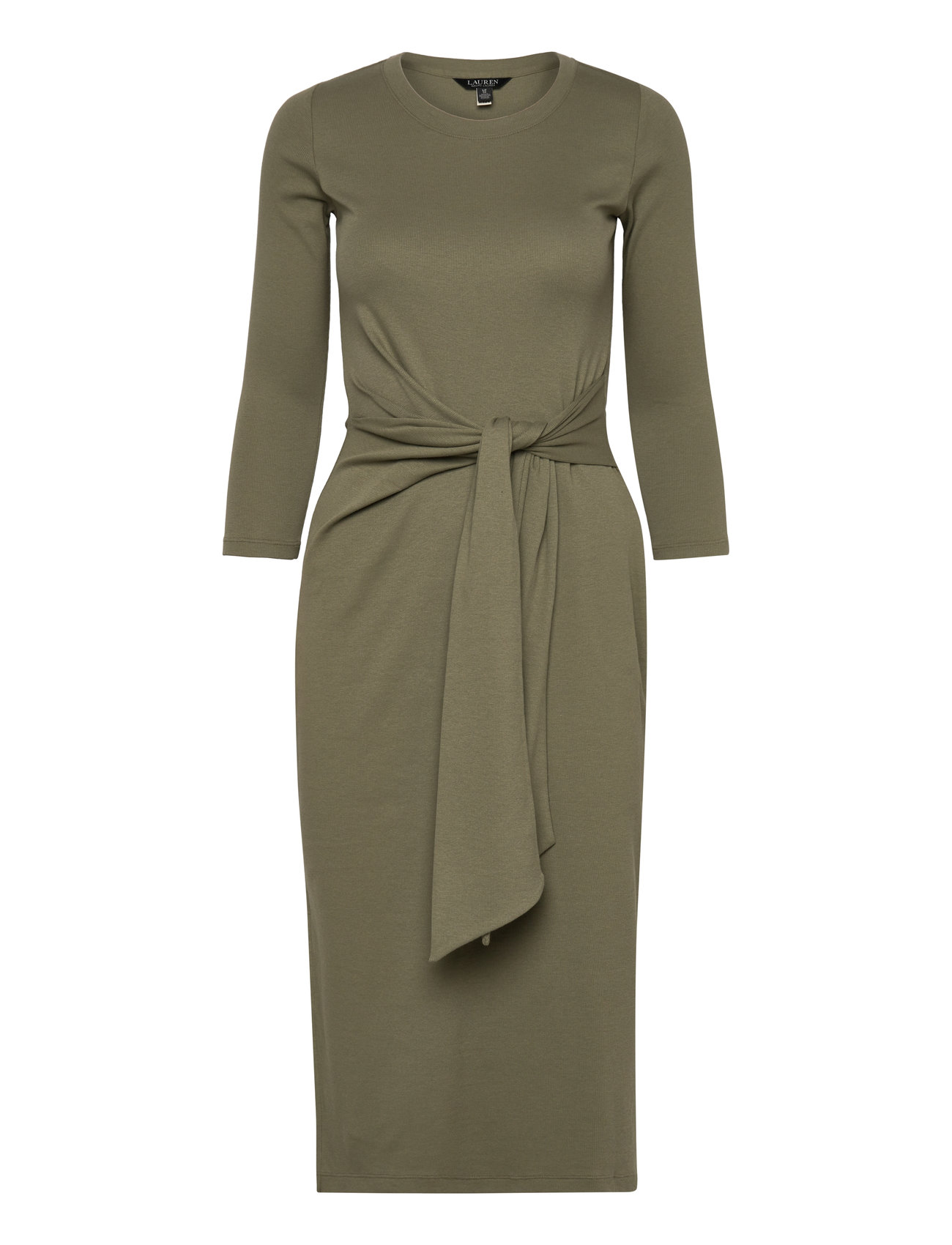 Tie-Front Cotton-Blend Crewneck Dress Knelang Kjole Green Lauren Ralph Lauren