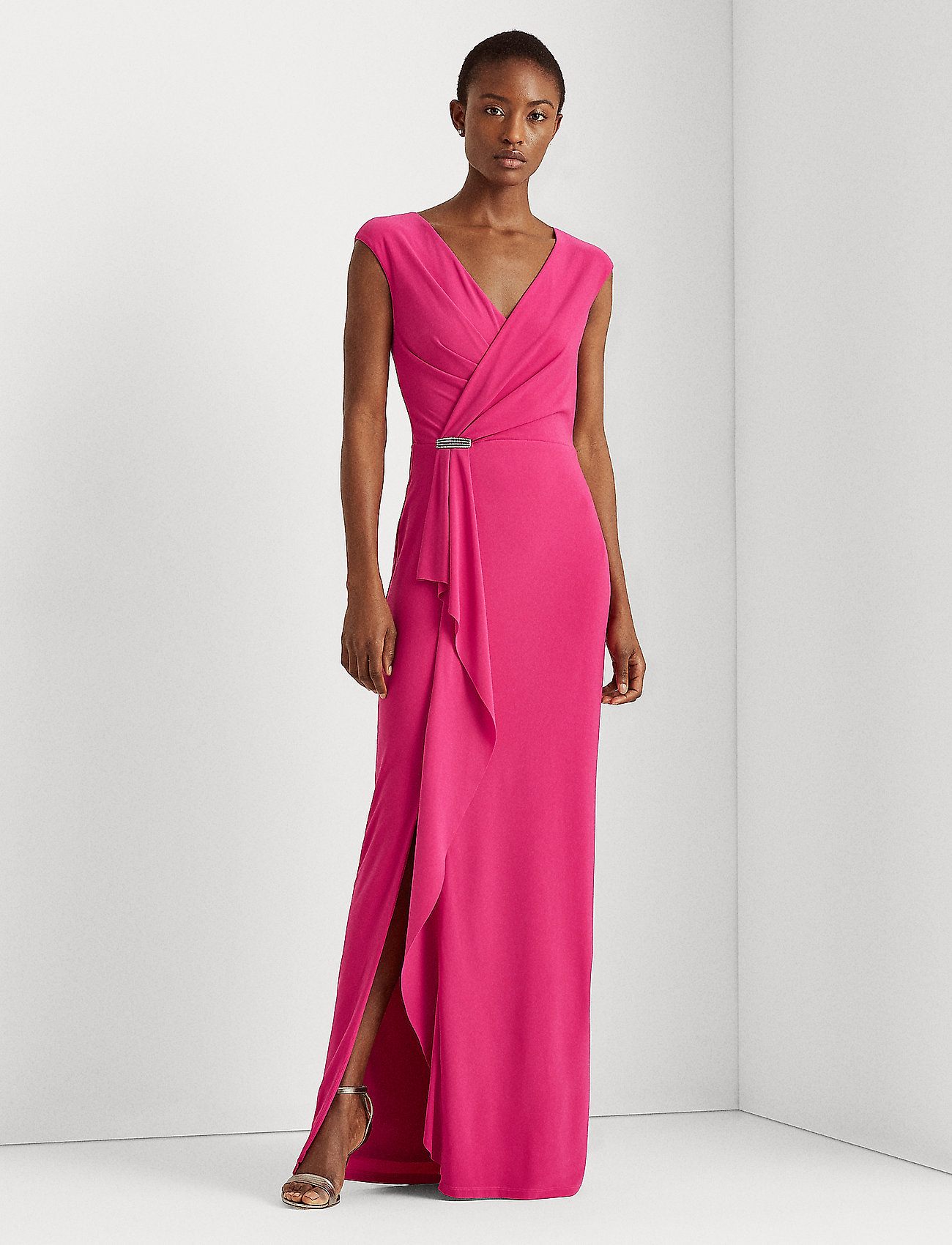 ralph lauren ruffle trim jersey gown