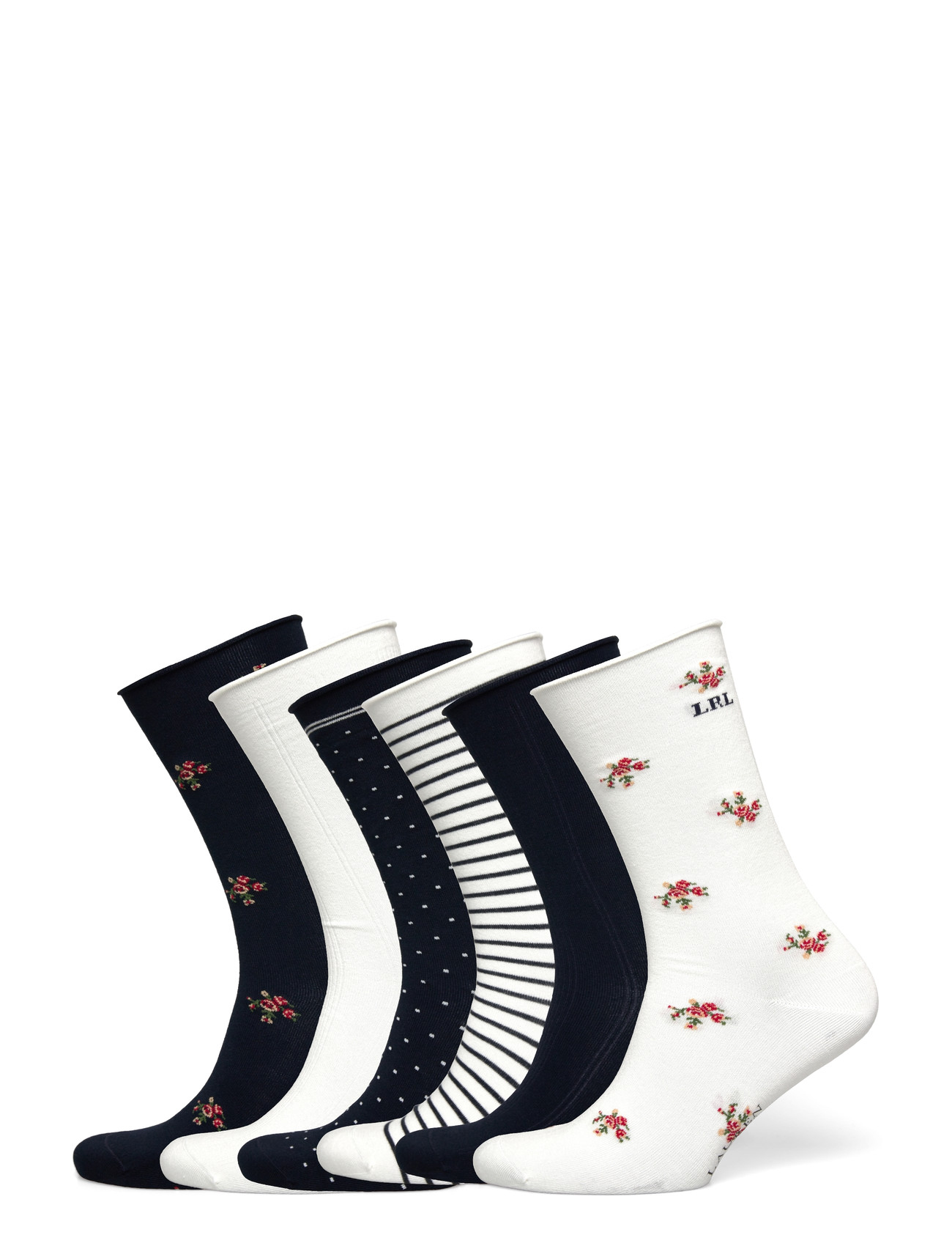 Lauren Ralph Lauren Floral & Striped Roll-Top Sock 6-Pack, 38-42, Navy, Sokker > Almindelige Sokker, Dame