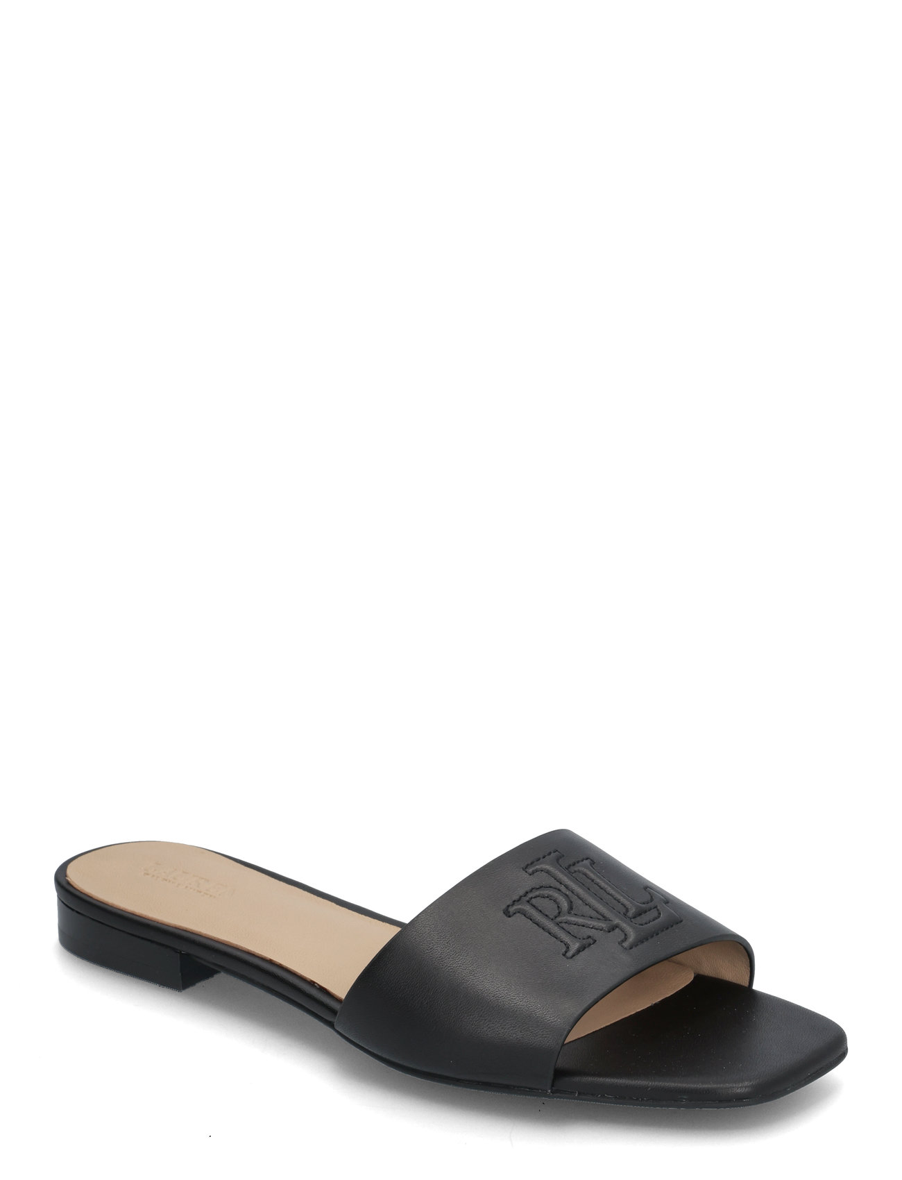 Everley Calfskin Slide Sandal Shoes Sandals Flat Sandals Black Lauren Ralph Lauren