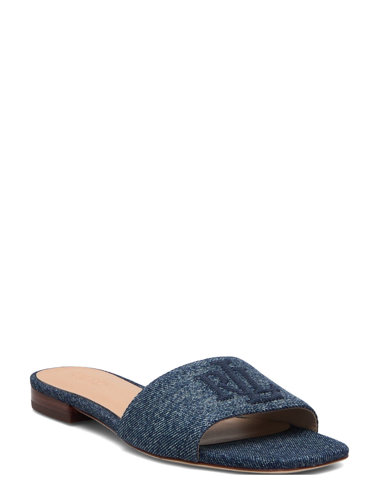 Everley Washed Denim Slide Sandal Shoes Sandals Flat Sandals Blue Lauren Ralph Lauren