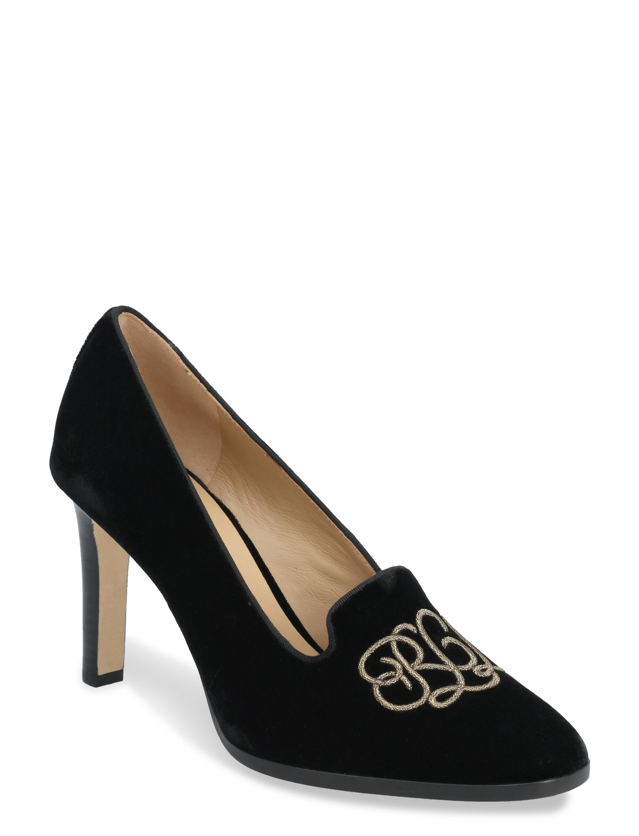 Lauren Ralph Lauren Corah Embroidered-Logo Velvet Pump, 38, Black, Pumps > Klassiske, Dame