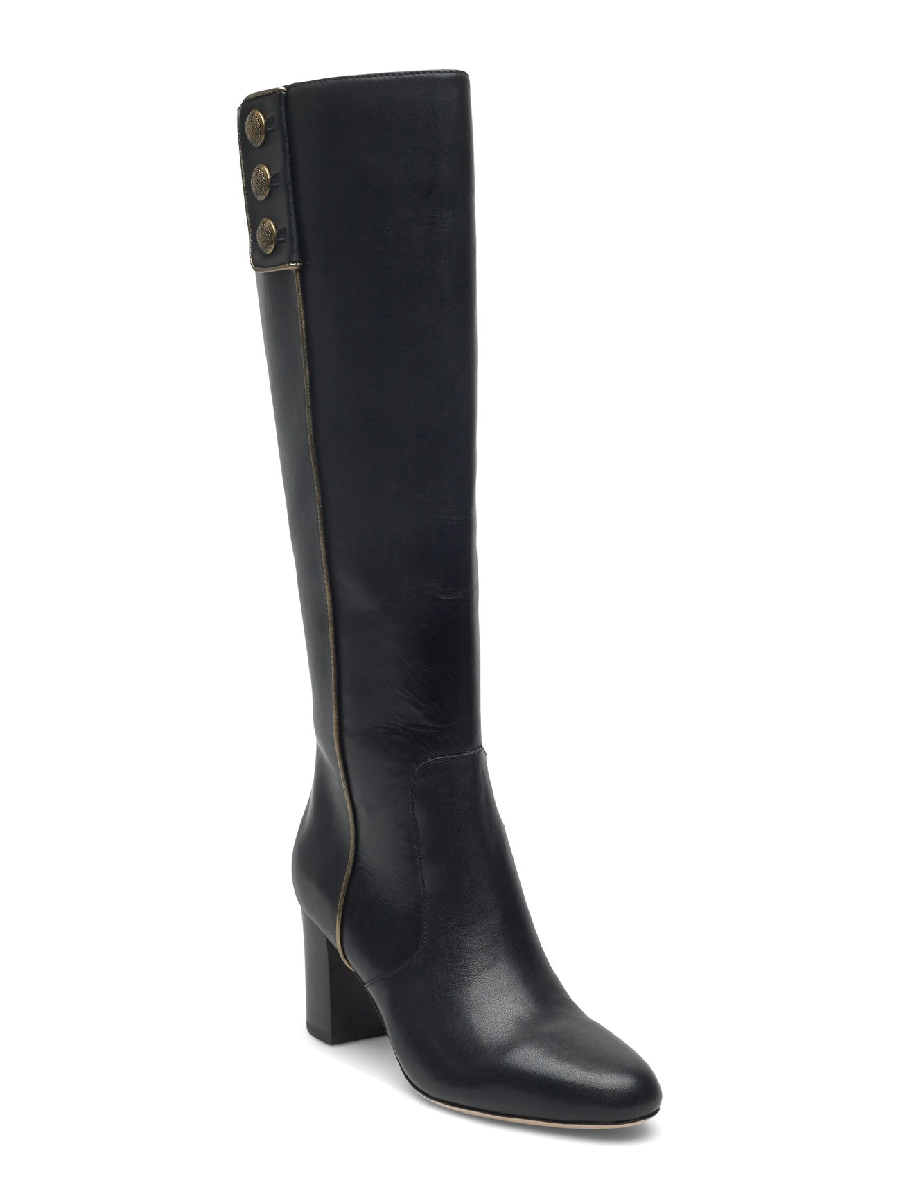 Lauren Ralph Lauren Kennedi Burnished Leather Tall Boot Heel, 39, Black, Tall Boots > Knee High Boots, Dame