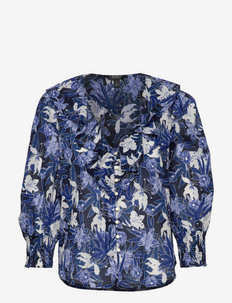 Floral Cotton Voile Shirt - langærmede bluser - blue/cream/navy