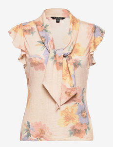 Floral Tie-Neck Top - kortärmade blusar - blush/sage multi