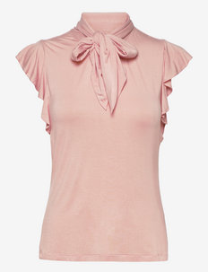 Ruffle-Sleeve Tie-Neck Top - kortærmede bluser - pale pink