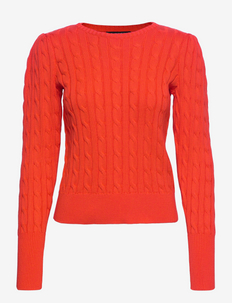 Puff-Sleeve Cable-Knit Cotton Sweater - swetry - vivid tangerine
