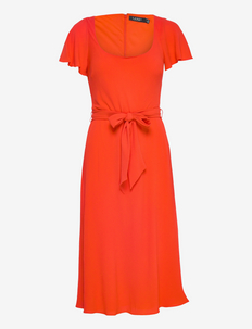 Belted Crepe Flutter-Sleeve Dress - sommerkjoler - vivid tangerine