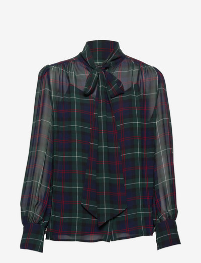 Plaid Georgette Tie-Neck Shirt - långärmade blusar - polo black multi