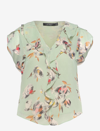 Floral Crinkled Georgette Blouse - blouses met korte mouwen - sage/pink/multi