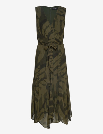 Belted Zebra-Print Georgette Dress - summer dresses - olive multi