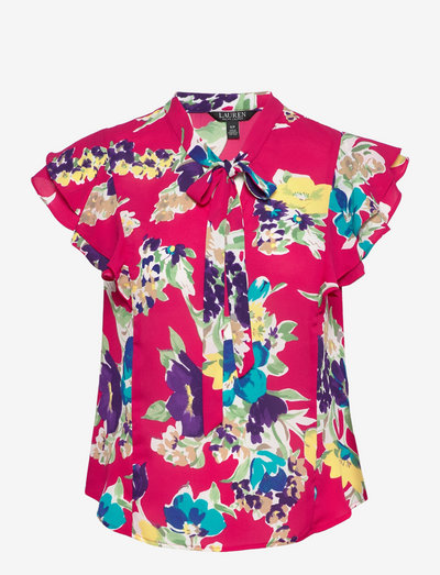 Floral Georgette Tie-Neck Blouse - blouses met korte mouwen - pink multi