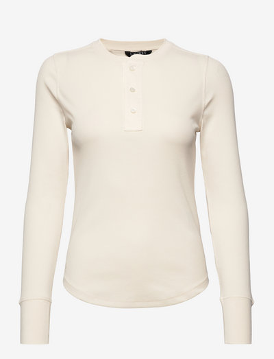 Stretch Cotton Henley Top - long-sleeved tops - mascarpone cream