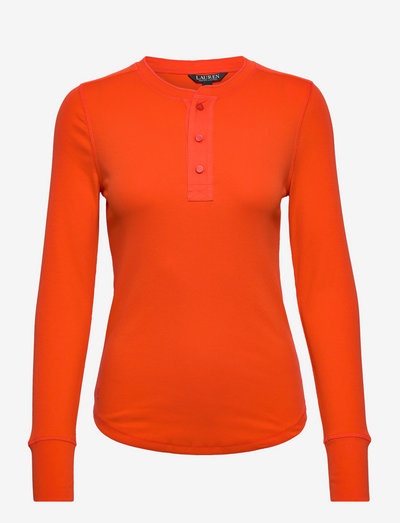 Stretch Cotton Henley Top - long-sleeved tops - vivid tangerine