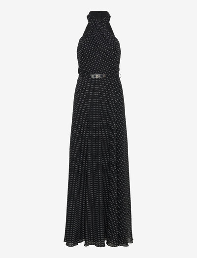 Polka-Dot Belted Georgette Halter Gown