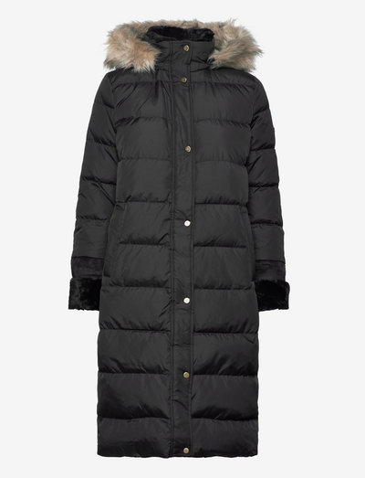 Faux Fur-Trim Long Hooded Down Coat - winter coats - black