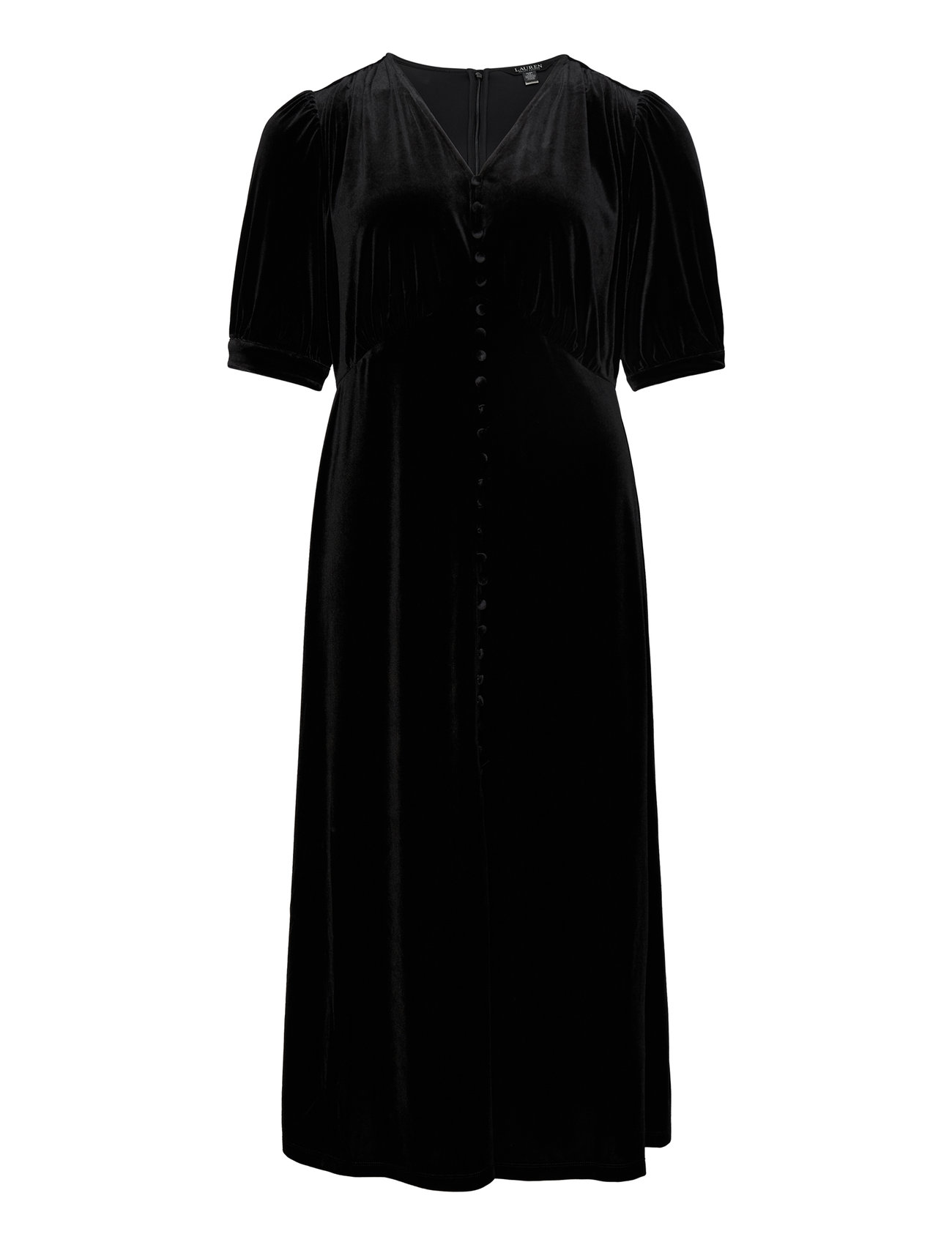 Stretch Velvet Puff-Sleeve Midi Dress Knälång Klänning Black Lauren Women