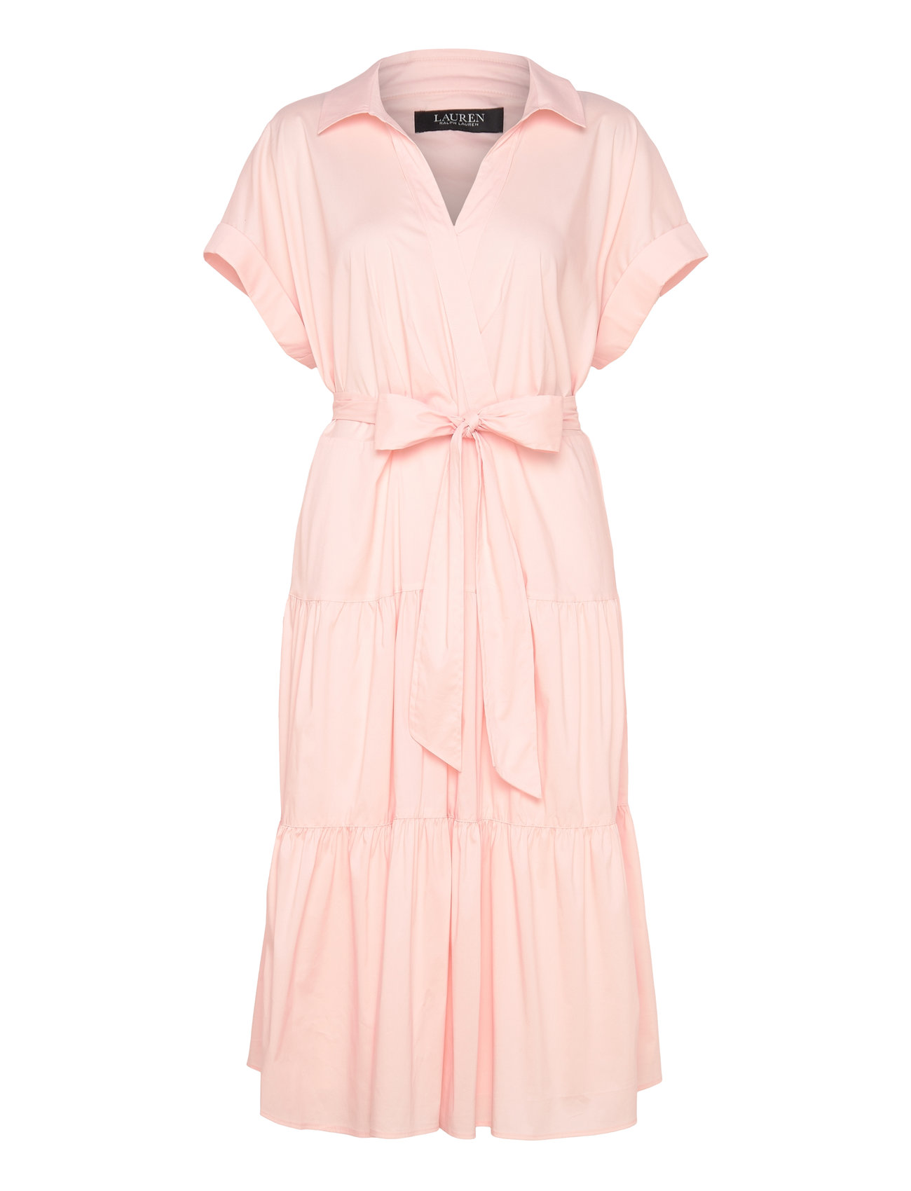 Belted Cotton-Blend Tiered Dress Knelang Kjole Pink Lauren Women