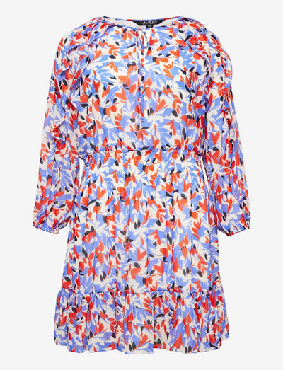 Floral Crinkled Georgette Dress - sukienki krótkie - blue/orange multi