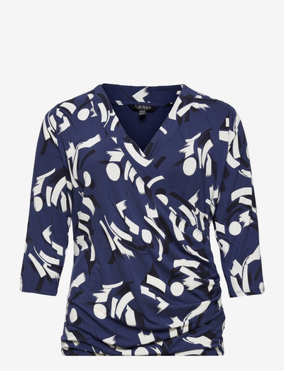 Geometric-Print Surplice Jersey Top - bluzki z długimi rękawami - blue/cream/navy