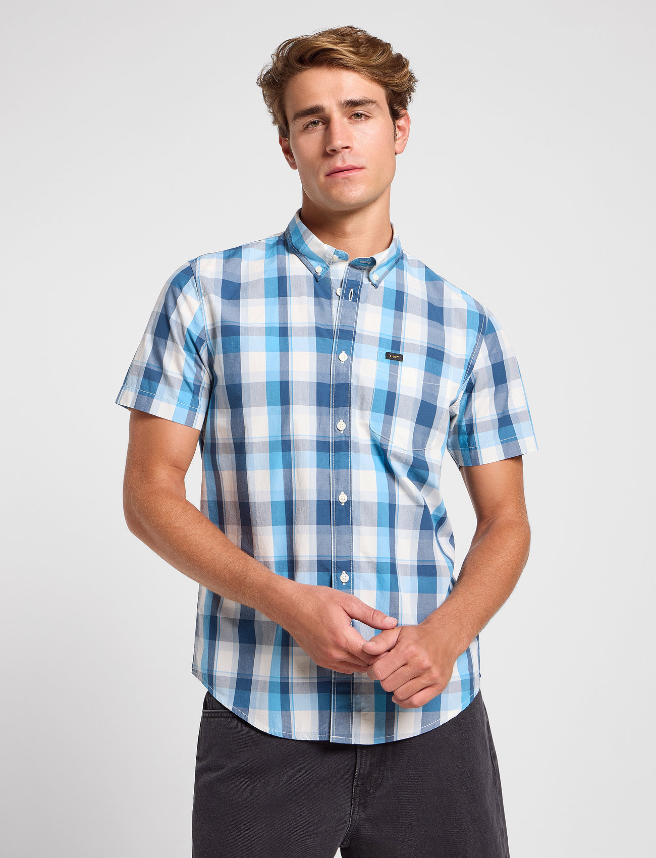 Lee Jeans Lee Button Down Ss, L, Blue, Skjorter > Kortærmede Shirts, Herre