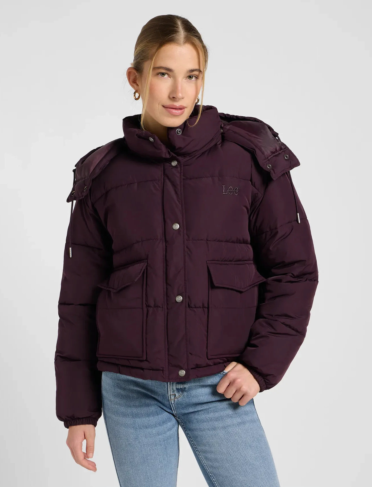 Lee Jeans Short Puffer With Hood, M, Burgundy, Jakker > Vatteret Jakke, Dame