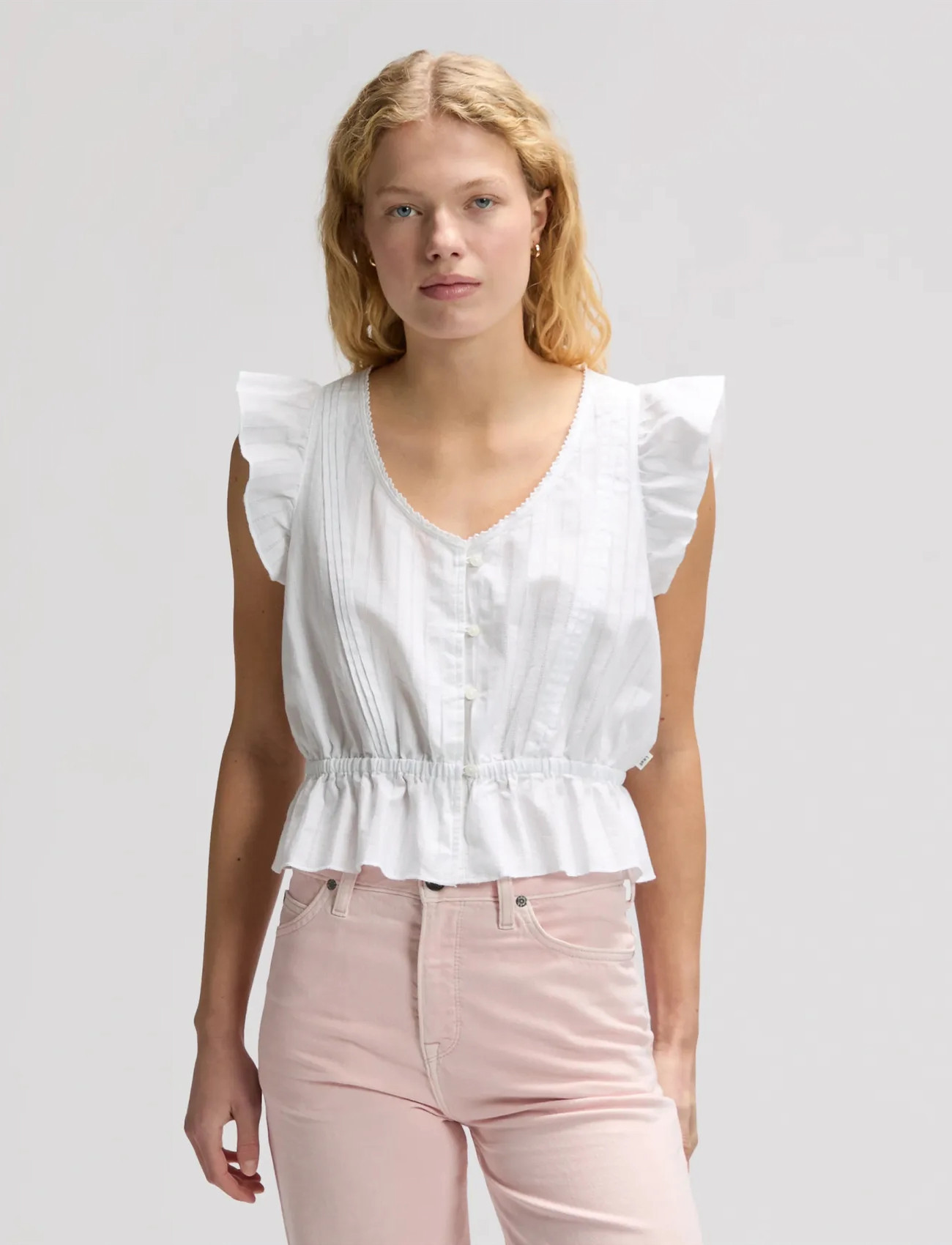 Lee Jeans Ruffle Sleeve Shirt, L x 00, White, Skjorter > Kortærmede, Dame
