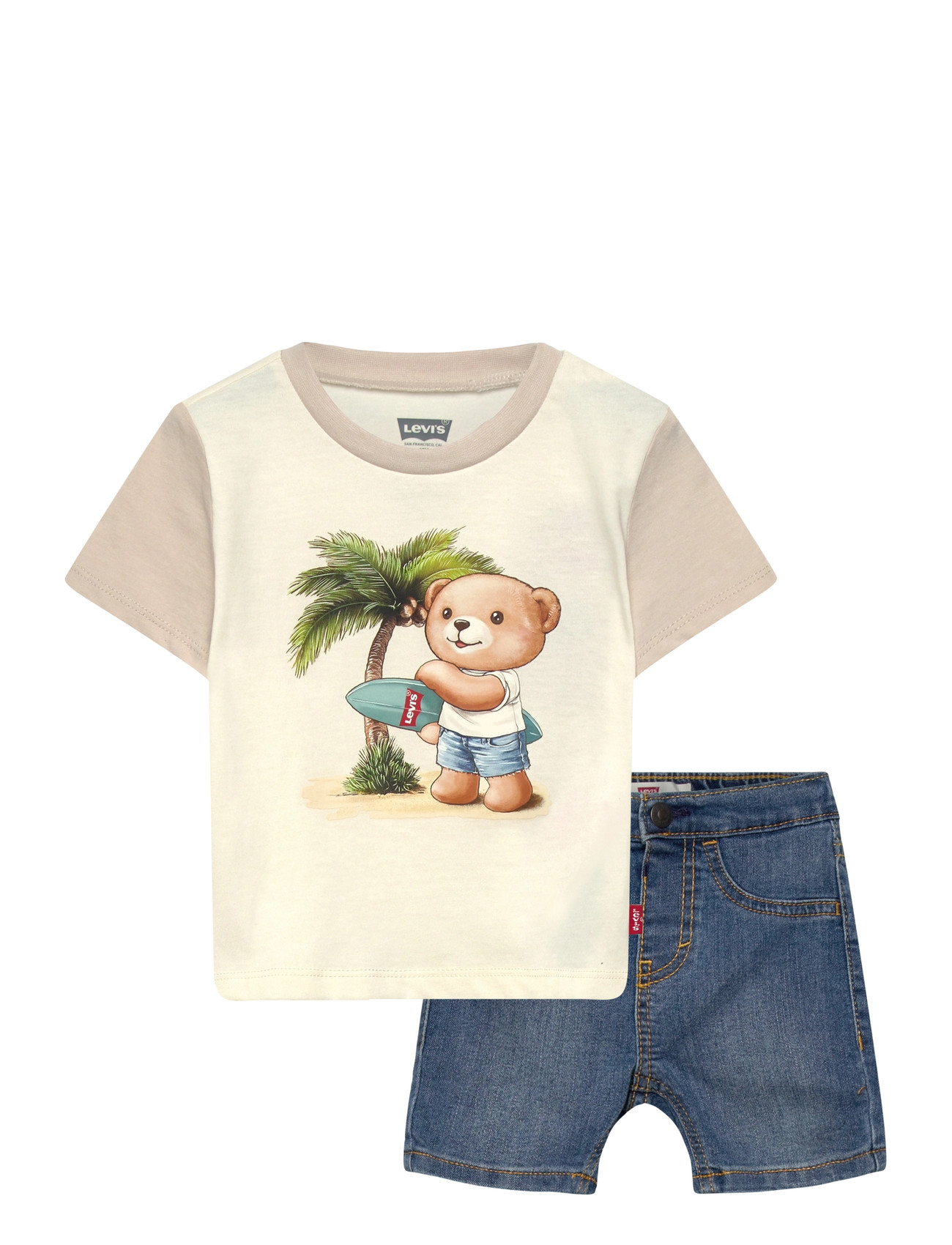 Levi's Levi's Palm Tree Tee And Denim Shorts 2-Piece Set, 98, Cream, Sæt > Sæt Med Kortærmet T-Shirt, Børn