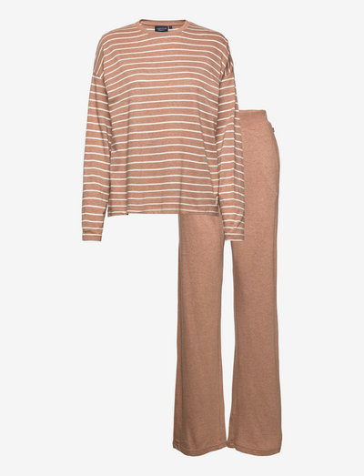 Lilian Cotton Modal Pajama Set - nattøj & hyggetøj - lt brown melange/white