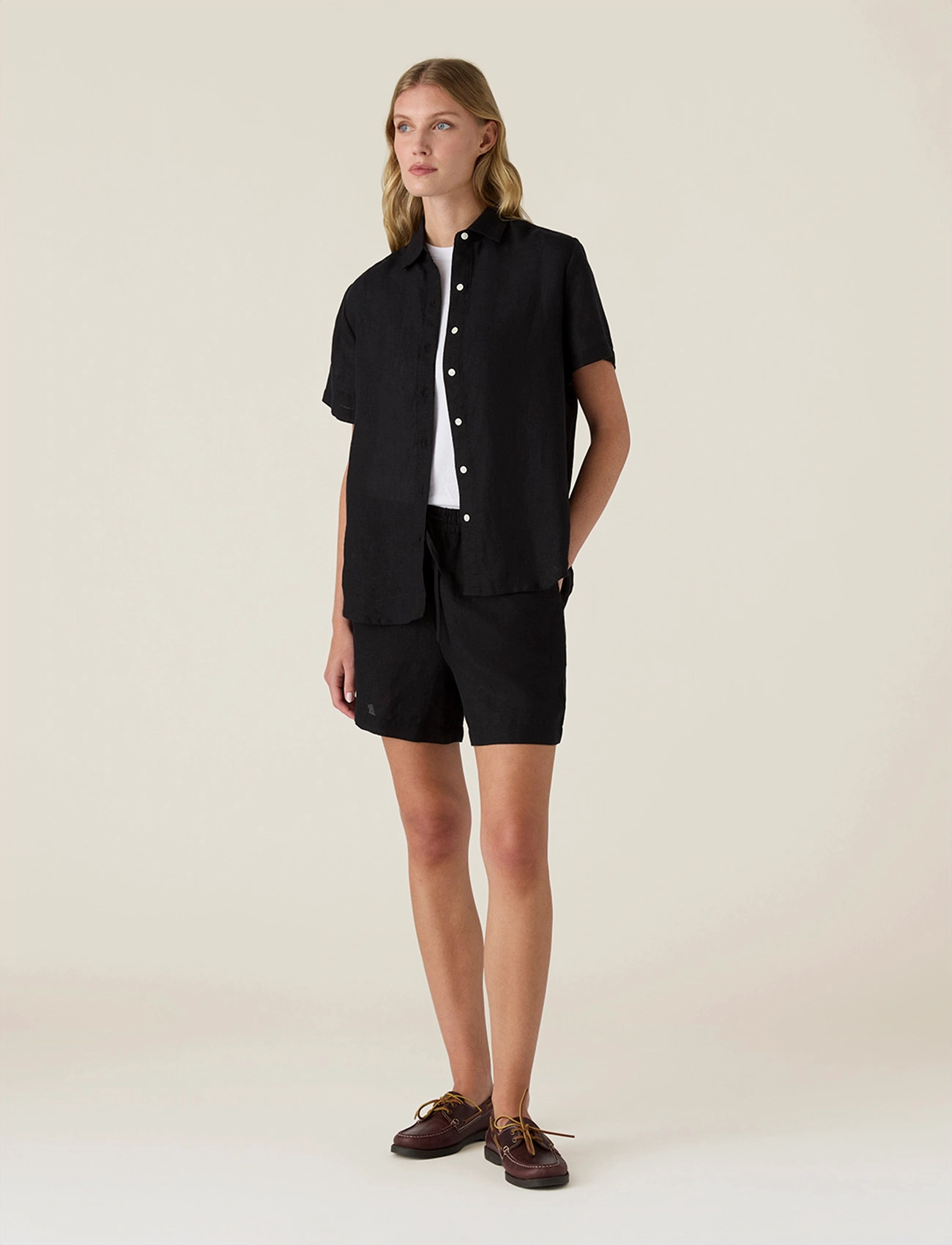 Lexington Clothing Casual Short Sleeve Linen Shirt, L, Black, Skjorter > Kortærmede, Dame