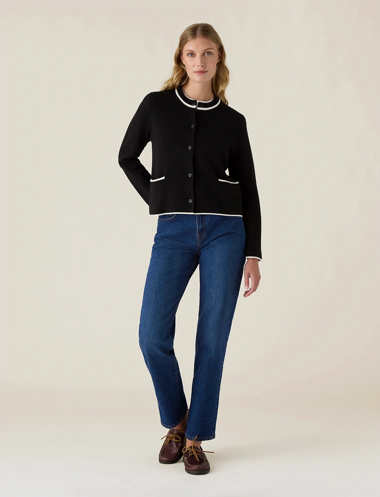 Lexington Clothing Contrast Cotton Cardigan, M, Black, Strik > Cardigans, Dame