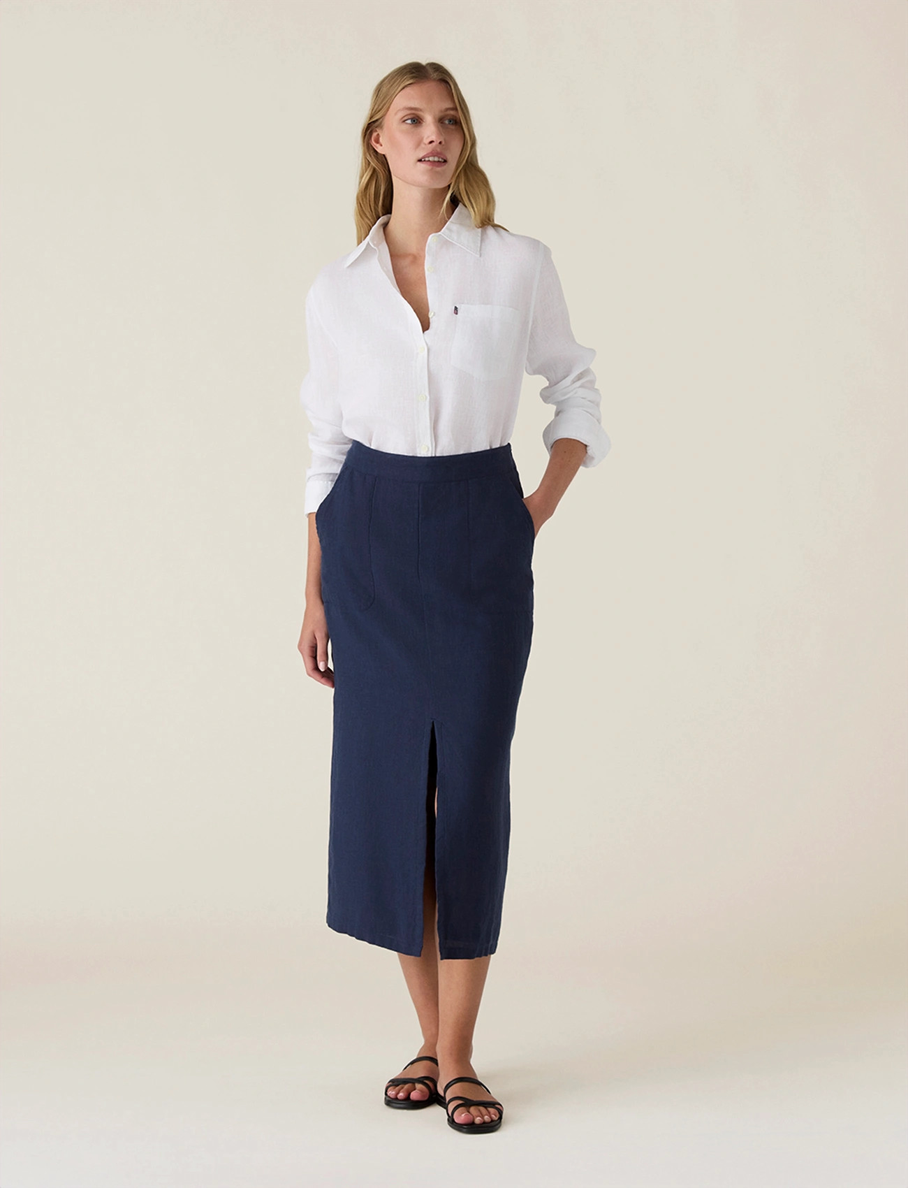 Lexington Clothing Midi Linen Skirt, L, Navy, Nederdele > Knælange Og Midi Nederdele, Dame