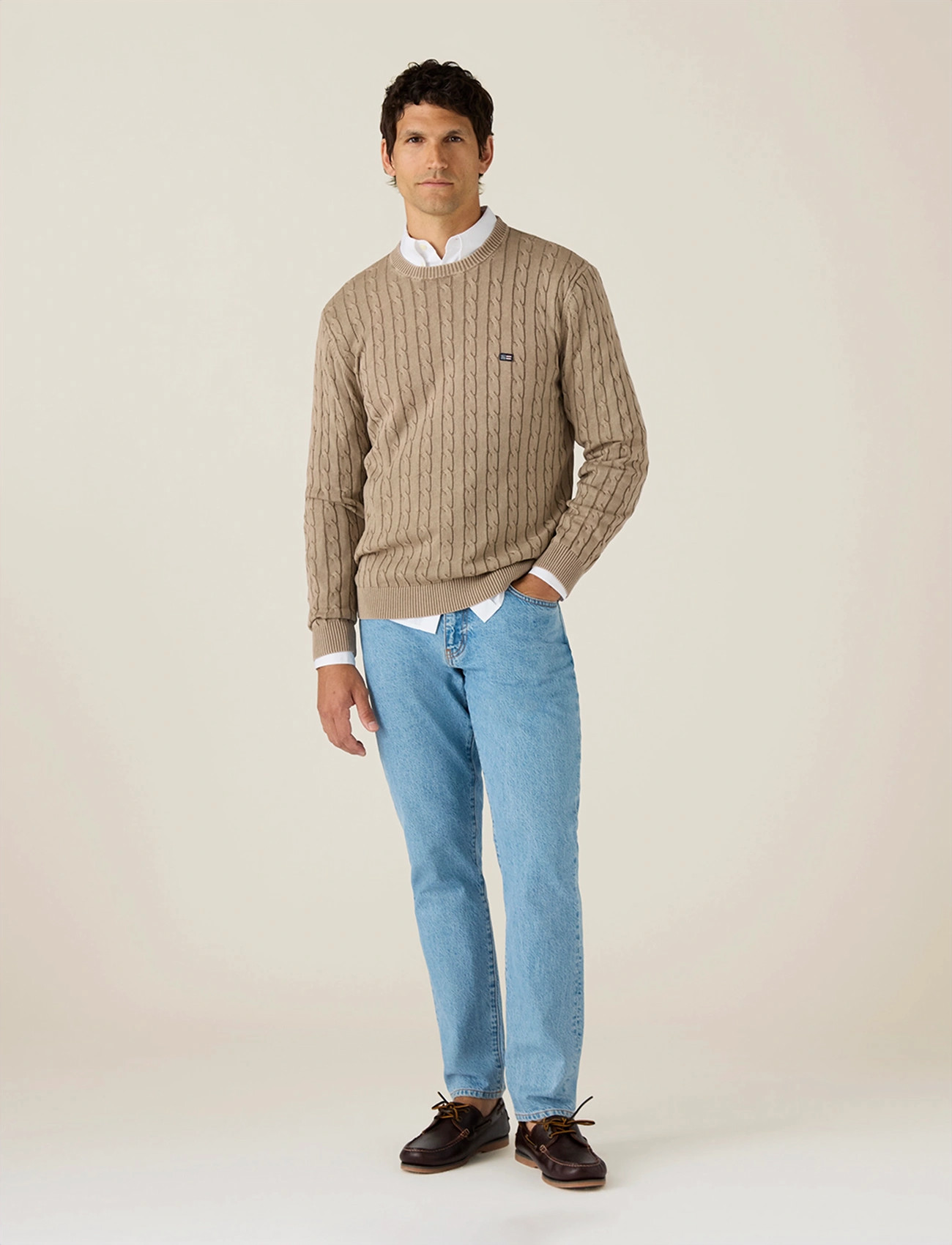 Lexington Clothing Cotton Faded Cable Knitted Sweater, L, Beige, Strik > Runde Halse, Herre