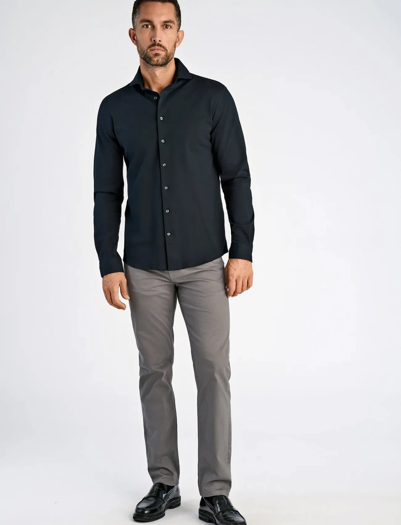 Lindbergh Black Piqué Knitted Shirt L/S, XXL, Black, Skjorter > Business Shirts, Herre