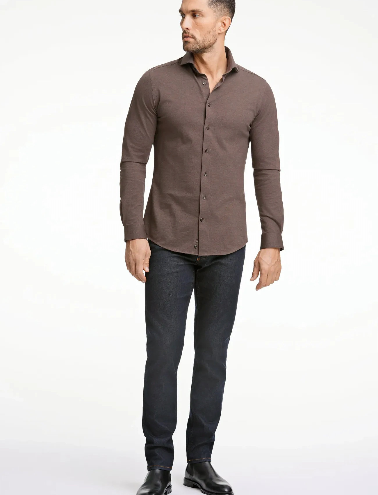 Lindbergh Black Piqué Knitted Shirt L/S, 3XL, Brown, Skjorter > Business Shirts, Herre