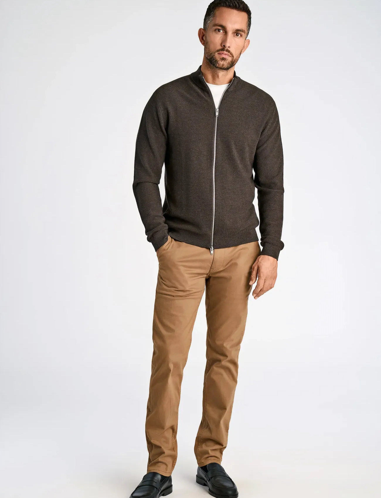 Lindbergh Black 100% Merino Zip Through Knit, XL, Brown, Strik > Trøjer Med Fuld Lynlås, Herre