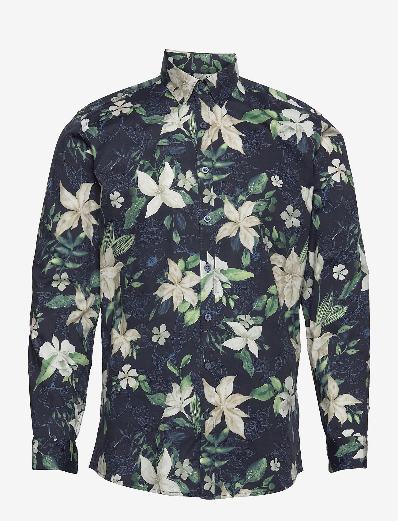 Lindbergh - AOP flower superflex shirt L/S - casual overhemden - navy - 1