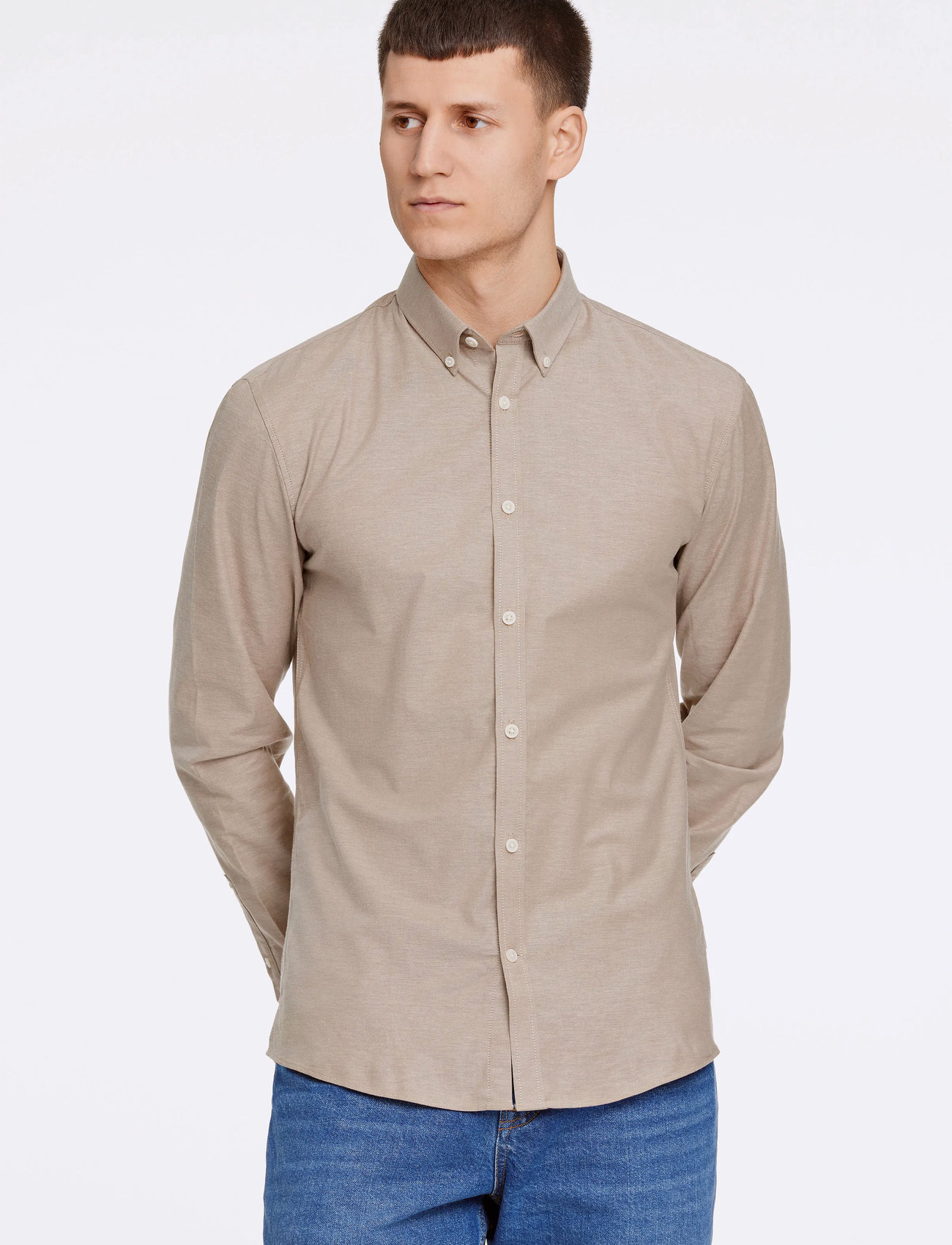 Lindbergh Yarn Dyed Oxford Superflex Shirt, XXL, Beige, Skjorter > Afslappet, Herre