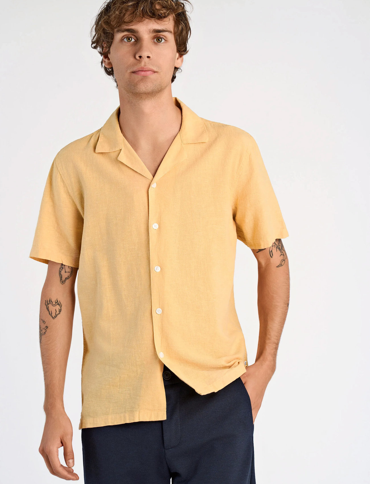 Lindbergh Casual Linen Blend Resort S/S, M, Yellow, Skjorter > Kortærmede, Herre