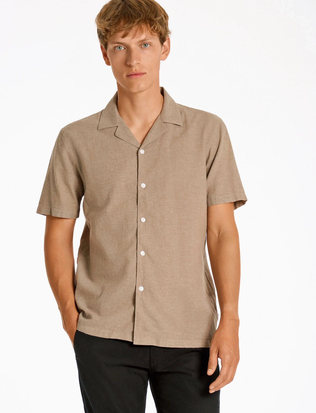 Lindbergh Casual Linen Blend Resort S/S, M, Beige, Skjorter > Kortærmede, Herre