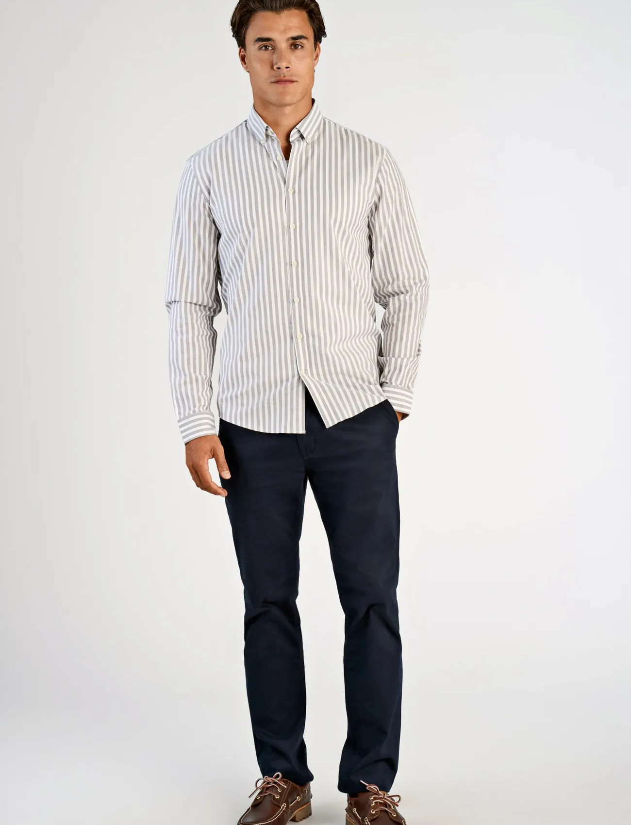 Lindbergh Striped Superflex Oxford L/S, XL, Grey, Shirts > Oxford Shirt, Herre