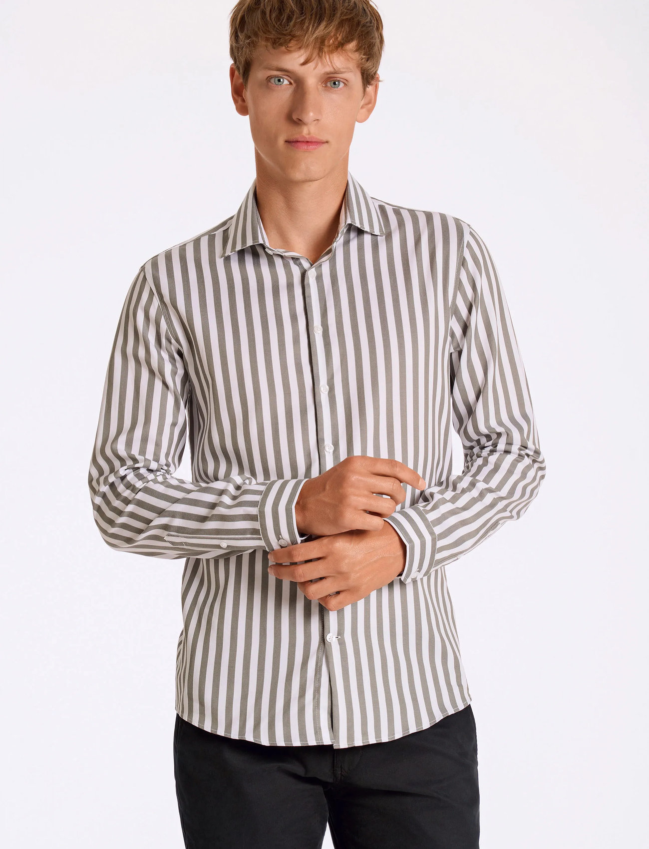 Lindbergh Striped Shirt L/S, L, Khaki green, Shirts > Striped Shirts, Herre