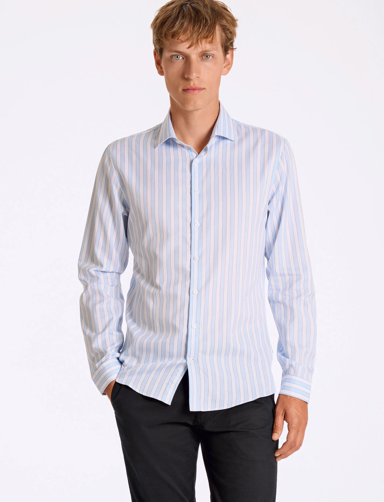 Lindbergh Striped Shirt L/S, L, Blue, Shirts > Striped Shirts, Herre