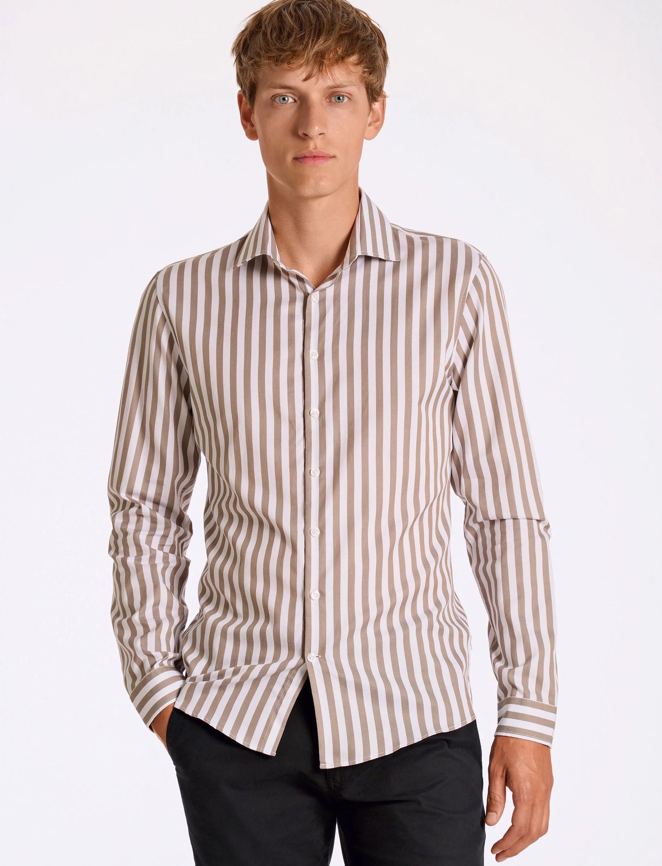 Lindbergh Striped Shirt L/S, S, Brown, Shirts > Striped Shirts, Herre