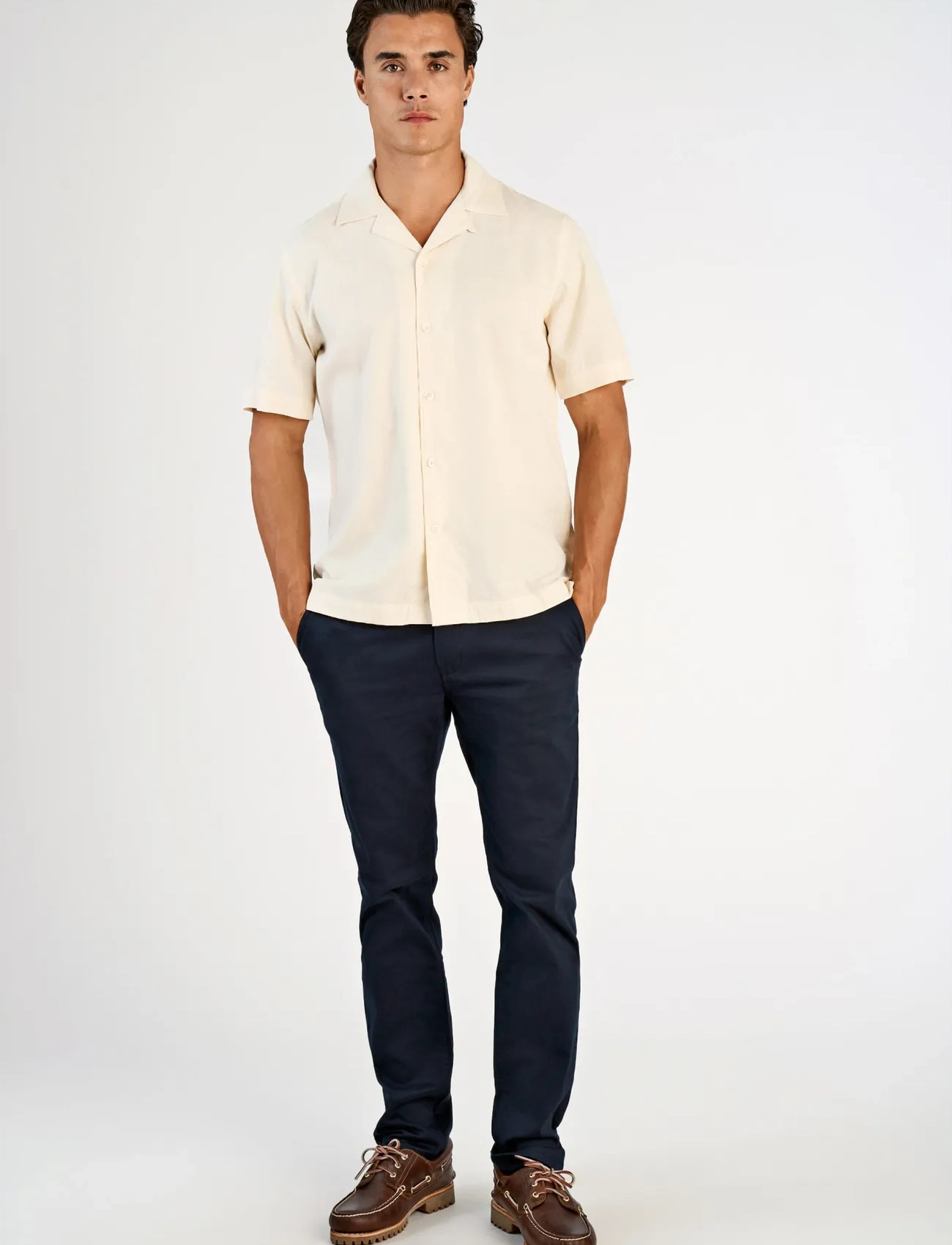 Lindbergh Textured Viscose Shirt S/S, XXL, Cream, Skjorter > Kortærmede Shirts, Herre