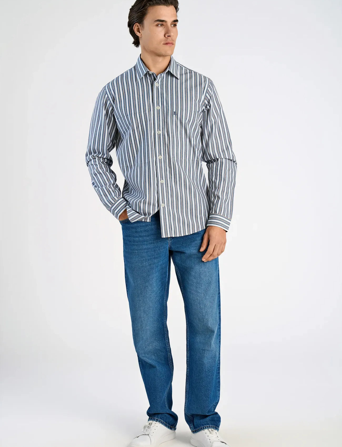 Lindbergh Fine Striped L/S Shirt, S, Blue, Shirts > Striped Shirts, Herre