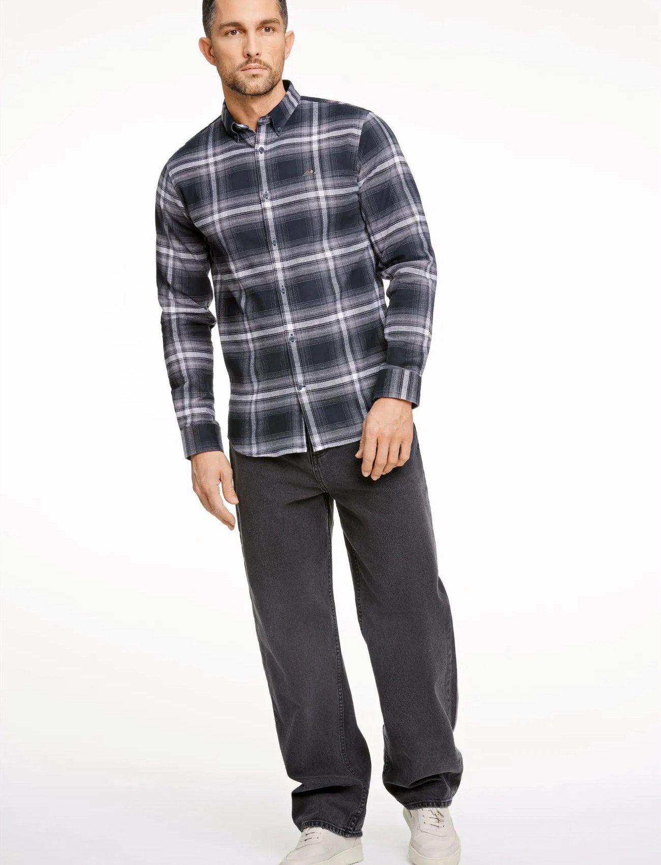 Lindbergh Brushed Checked Shirt L/S, XXL, Black, Skjorter > Afslappet Shirts, Herre