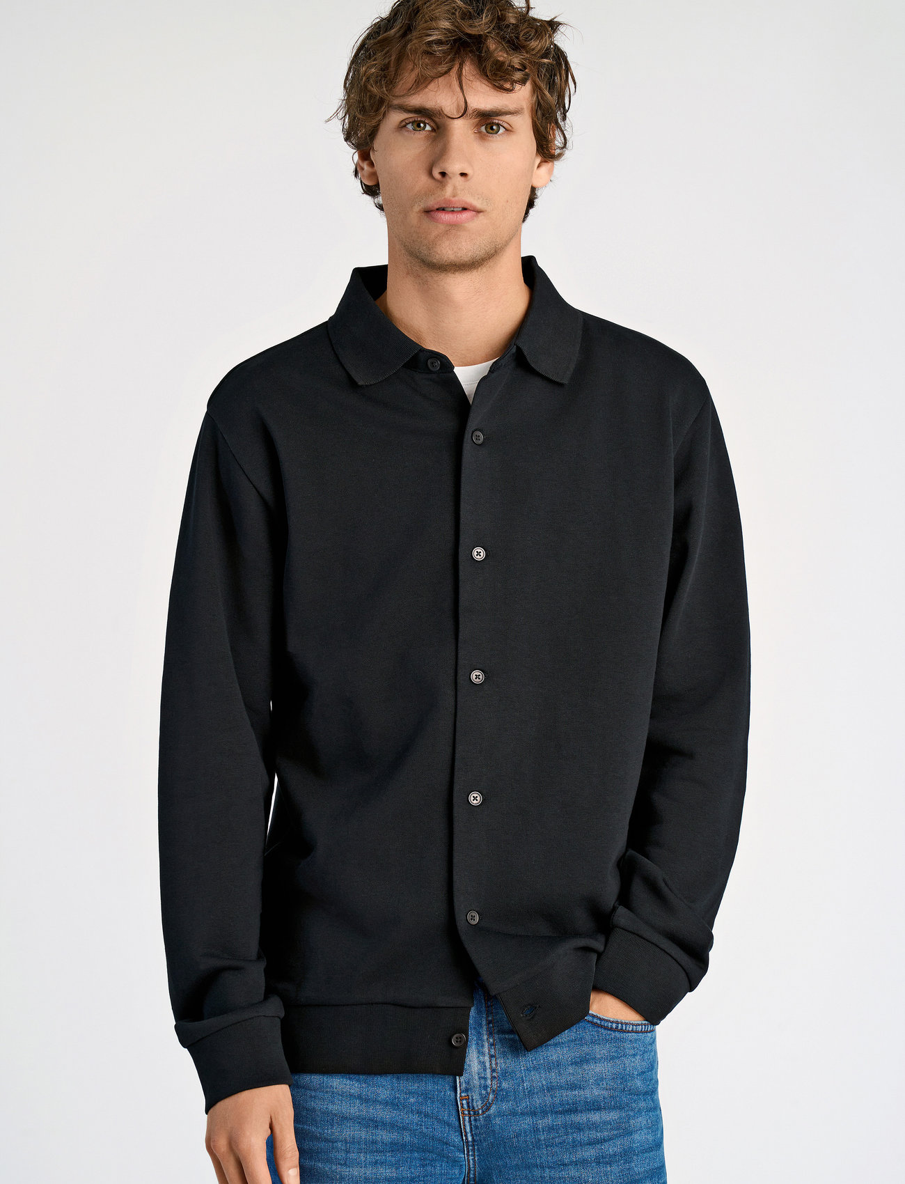 Lindbergh Jersey Button Through Pique L/S, S, Black, Skjorter > Afslappet Shirts, Herre